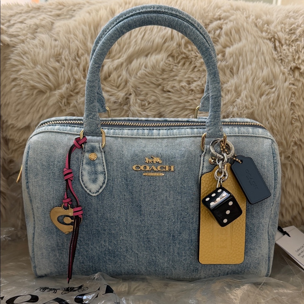 NWT Coach Medium Rowan satchel in Love Denim with  keychain and Pink coach tag
